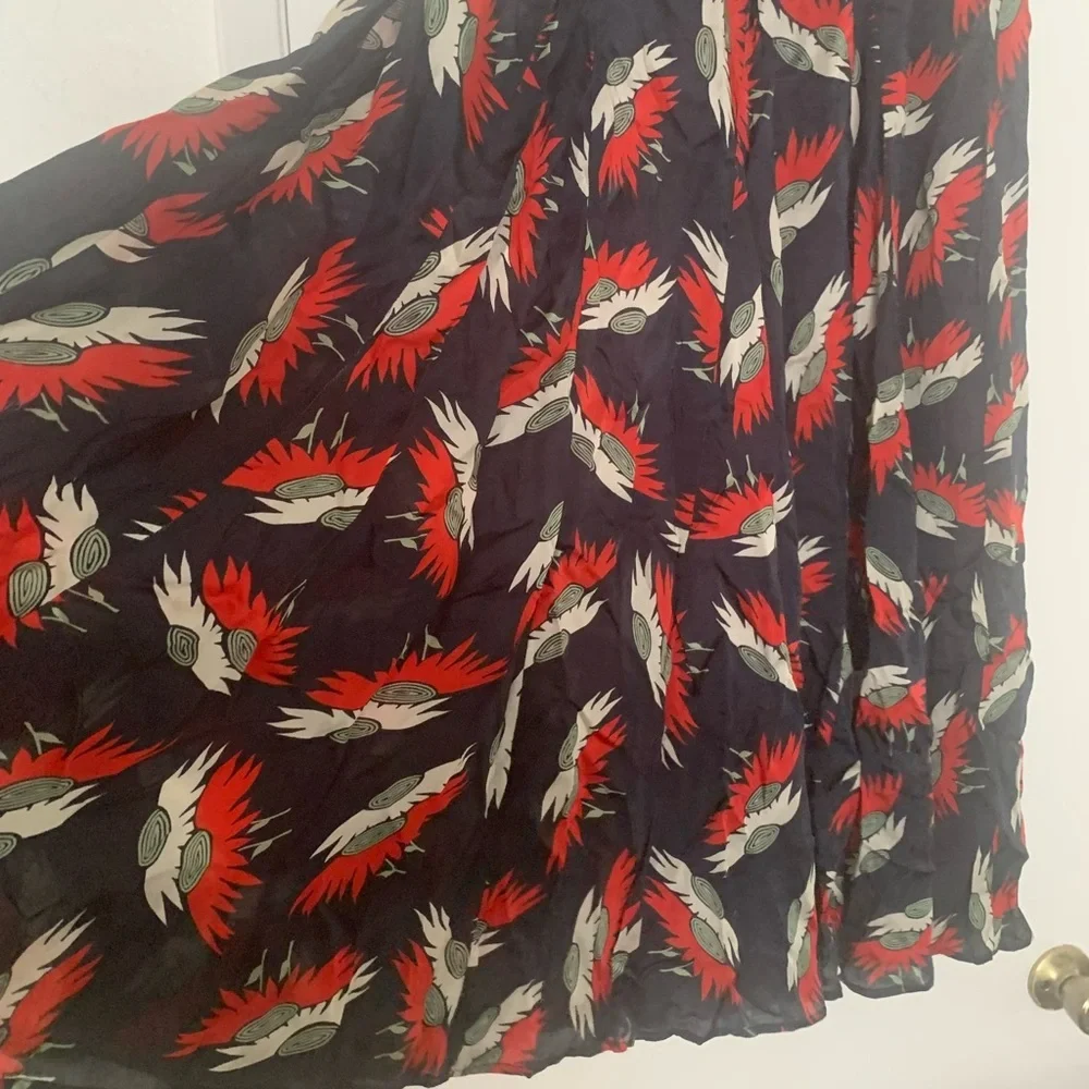 THE GREAT. Godet Navy Birds Paradise Maxi Skirt Red Feather Small - Picture 10 of 15